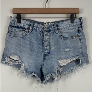 We The Free Womens 26 Light Blue Distressed Jean Cutoff Shorts Button Fly Cotton